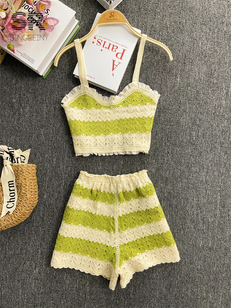 SINGREINY Backless Knit Beach Two Piece Set Women Elegant Strap Off Shoulder Camisole Elastic Waist Shorts Striped Summer Suit 250322