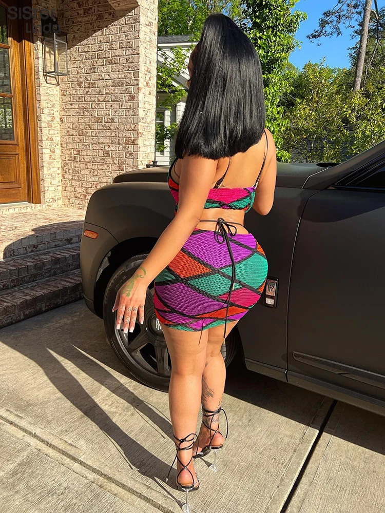 Sisterlinda Colorful Print Women Beach Vacation Dresses Sleeveless Backless Bodycon Midnight Clubwear Female Outfits Streetwear 250324