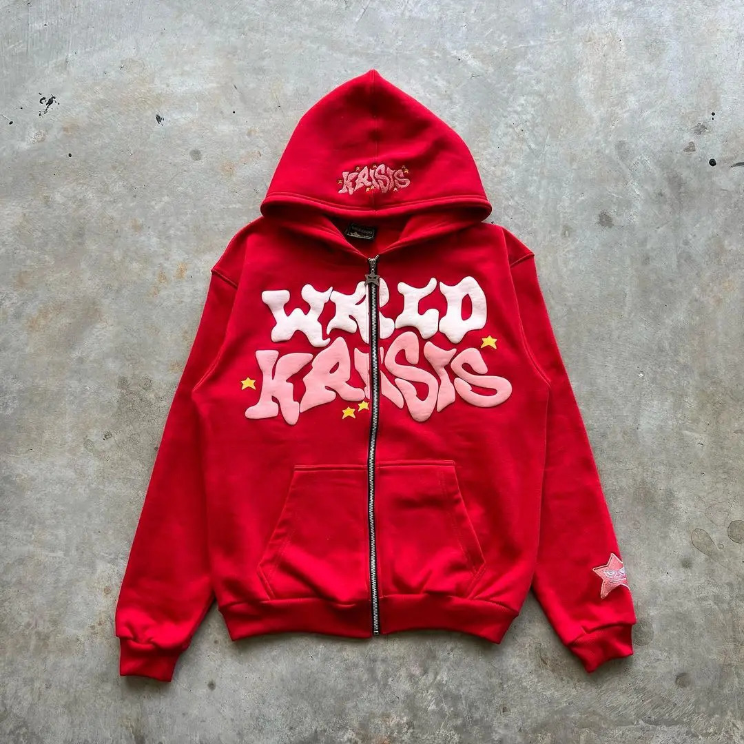 Harajuku pink letter foam hoodie European and American classic loose casual men and women y2k clothes zip up hoodie 250324