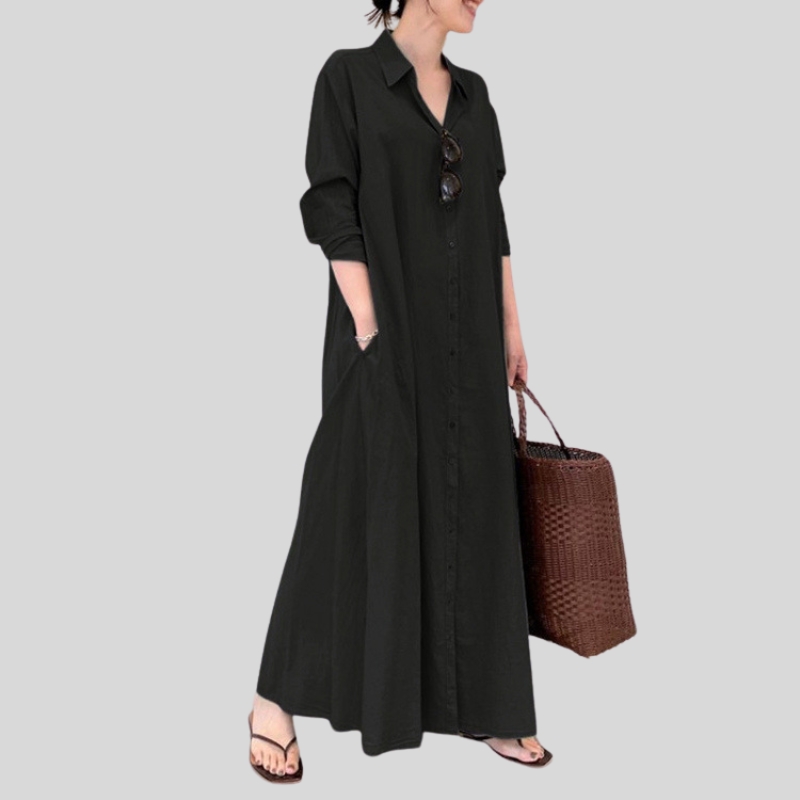 European and American wind cotton and linen solid color lapel collar long sleeve pocket simple loose casual long shirt dress