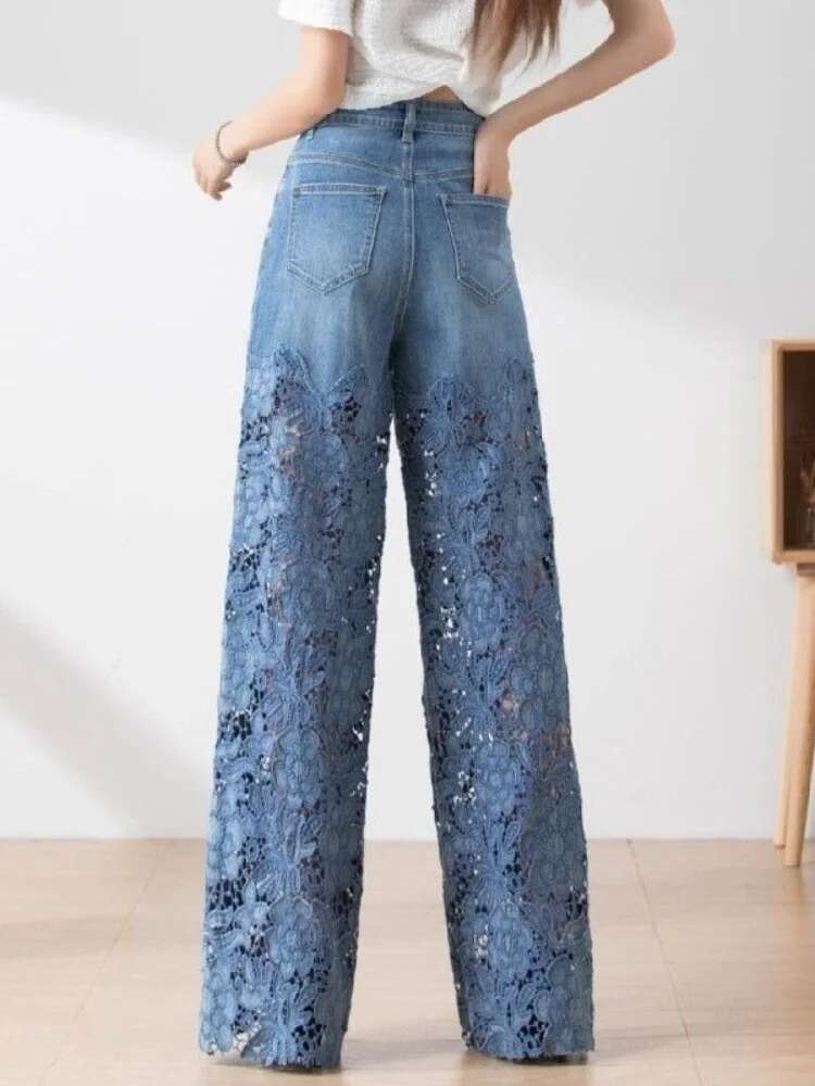 Fashion Women's Jeans 2024 New Spring Summer High-Waist Openwork Lace Ing Denim Wide-Leg Pants Female Straight Trousers