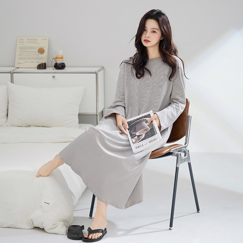 LP115 Striped Summer Cotton Women's Nightdress Long Sleeve Forest Art Floral Home Clothes Thin Breathable Pajamas Spring Dress