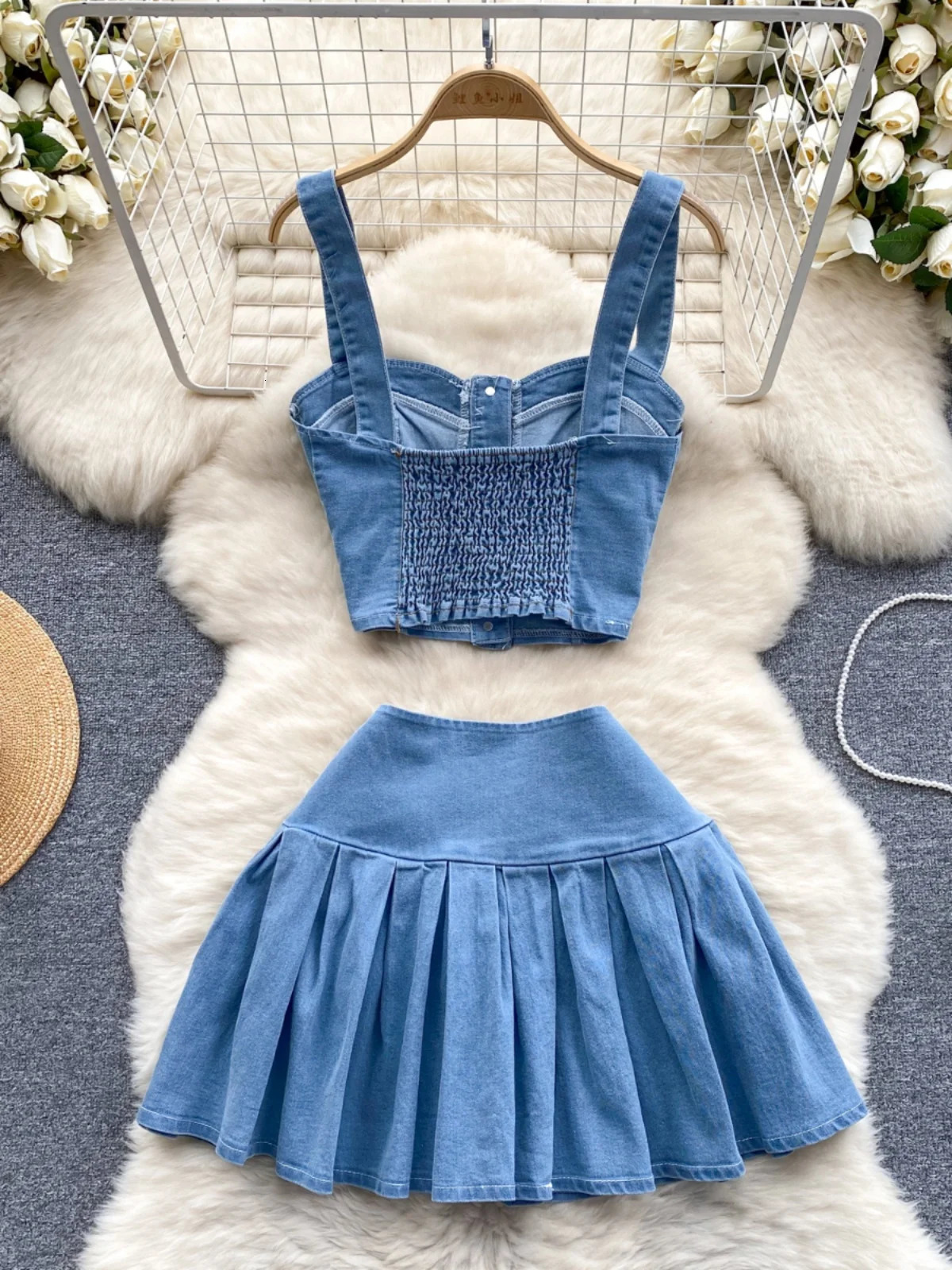 Women Blue Denim Sets Summer Sexy Single Breasted Short Strap Tops And Mini Jean Skirts Suits Ladies Clothes 250324