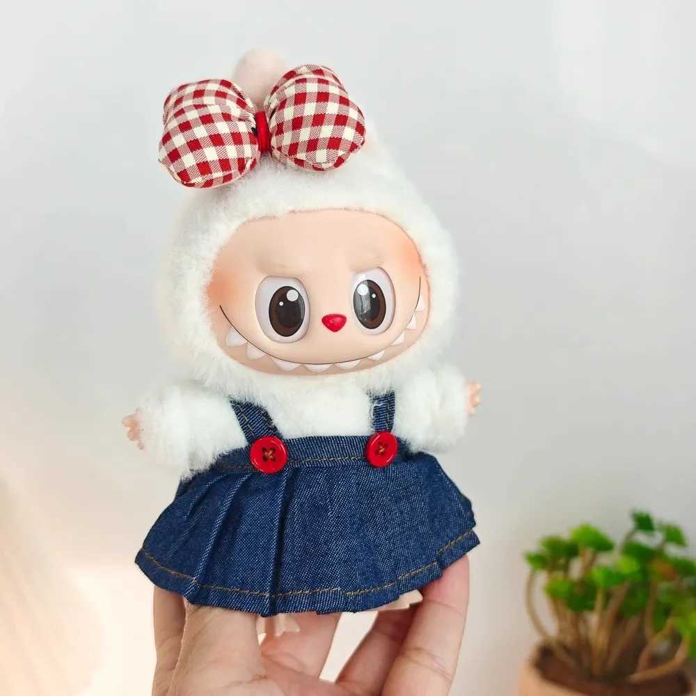 17cm Labubu doll accessory denim skirt with red bow headband setXJ250324