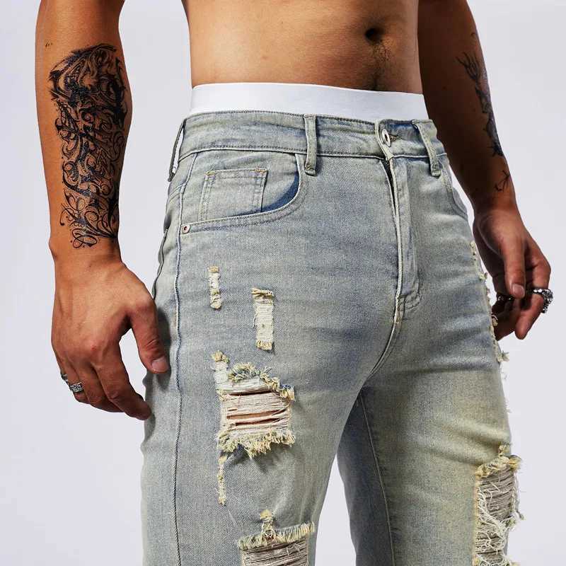 Vintage Denim Shorts Mens American Stretch Slim Jeans Fashion Ripped Streetwear Male Hole Frayed Short Pants Blue Black T250603