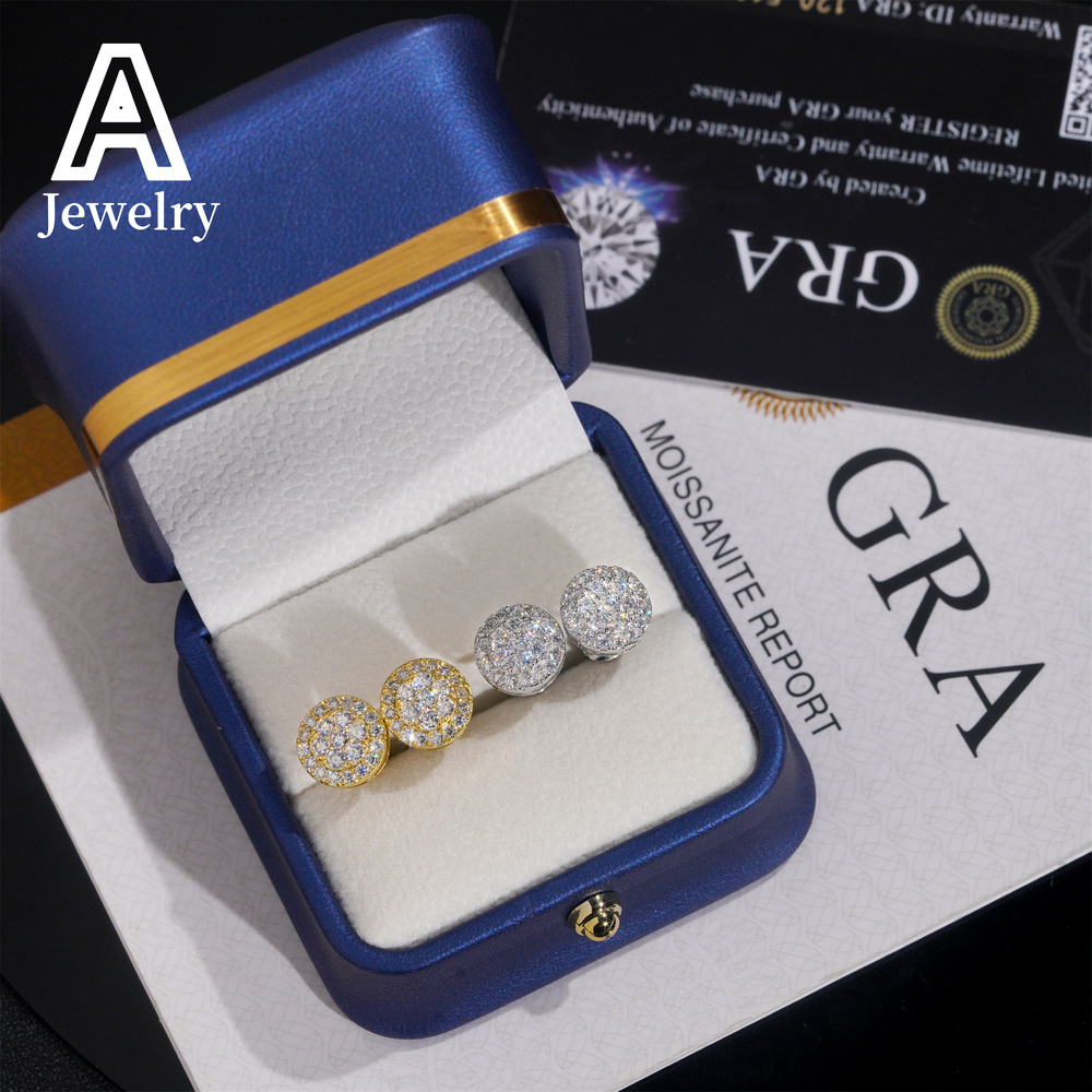 Fine jewelry Round Shape Cluster Diamond Studs Women Earrings 925 Sterling Silver Moissanite Jewelry Fashion Hip Hop Ear Studs