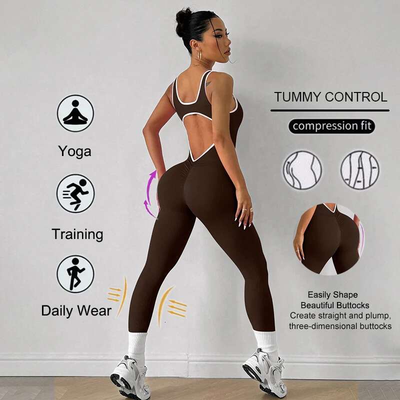 WAREBALL Sport Studio Women Seamless Yoga With Deep V Back Sleeveless Fashion Full Jumpsuit Sports Casual Daily Wear