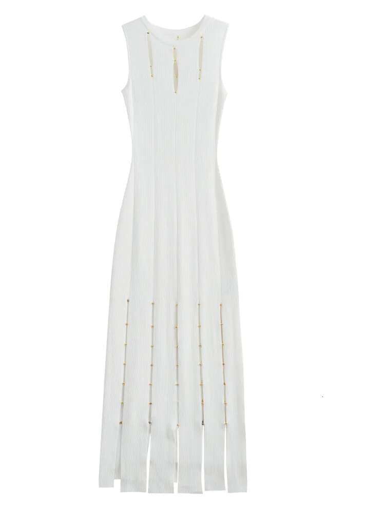 French Hollowed Out Split Stripe Spring/Summer New Women's Tassel Edge Gold Bead Waistband Sleeveless Slimming Dress