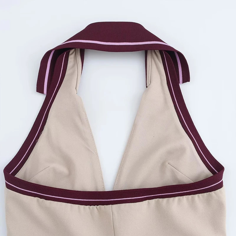 Willshela Women Fashion Beige Lace Up Front Zipper Backless Mini Dress Vintage Halter V-Neck Sleeveless Female Chic Lady Dresses 250324