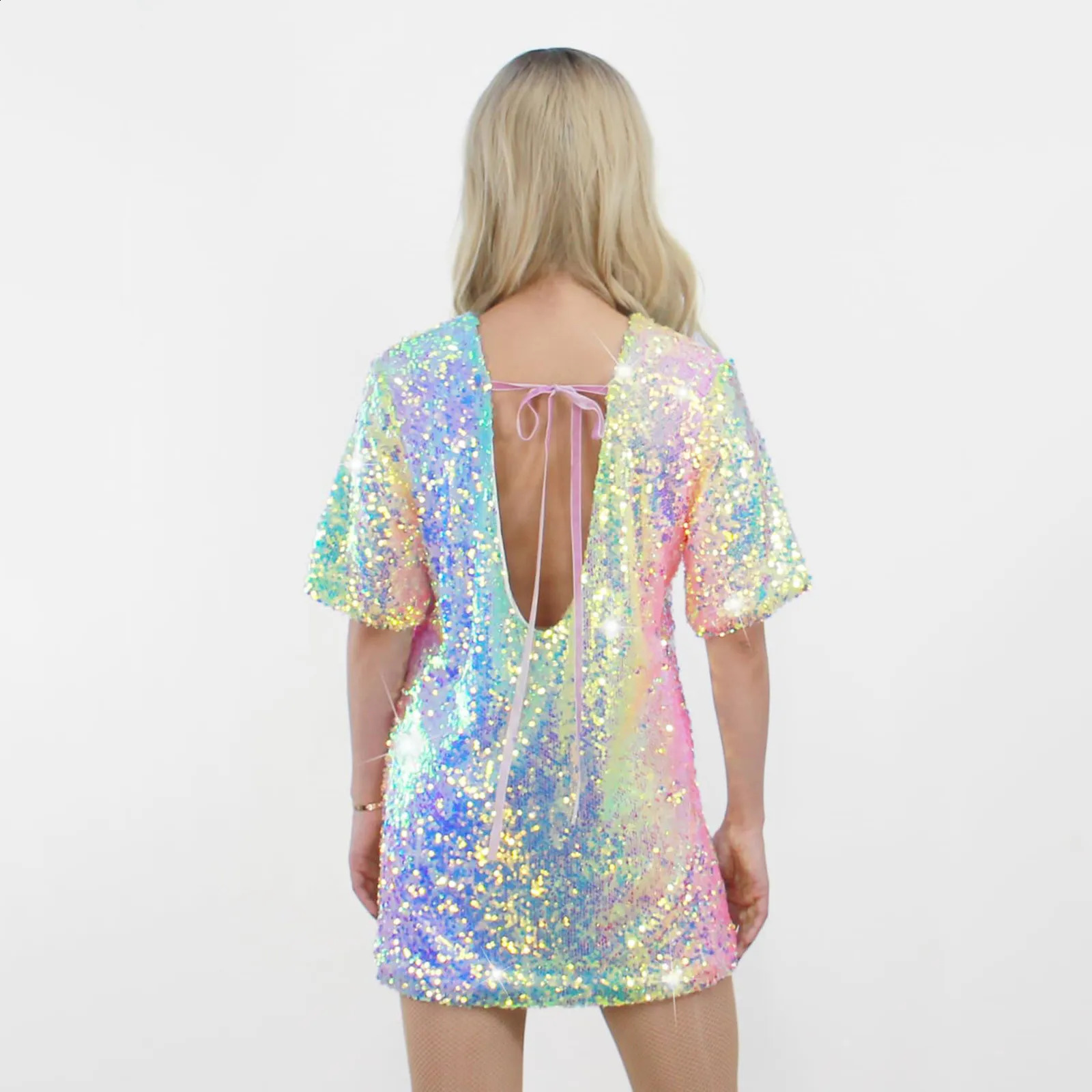 Bling Focus T-Shirt Women Regular Length Sequin T-Shirt Dress Shiny Casual Short Sleeve Party Club Outfit Ropa De Mujer 250324