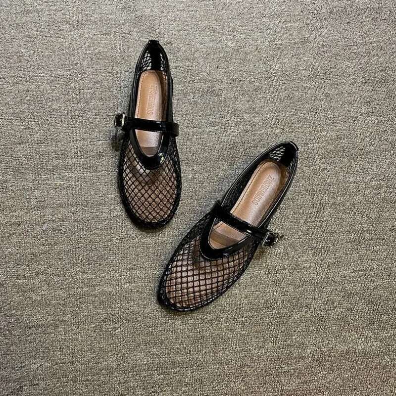 New Ballet Flat Shoes Women Mesh Hollow Outs Mary Jane Flats Black Loafers Summer Woman Walking Sandals Footwear Plus Size 42