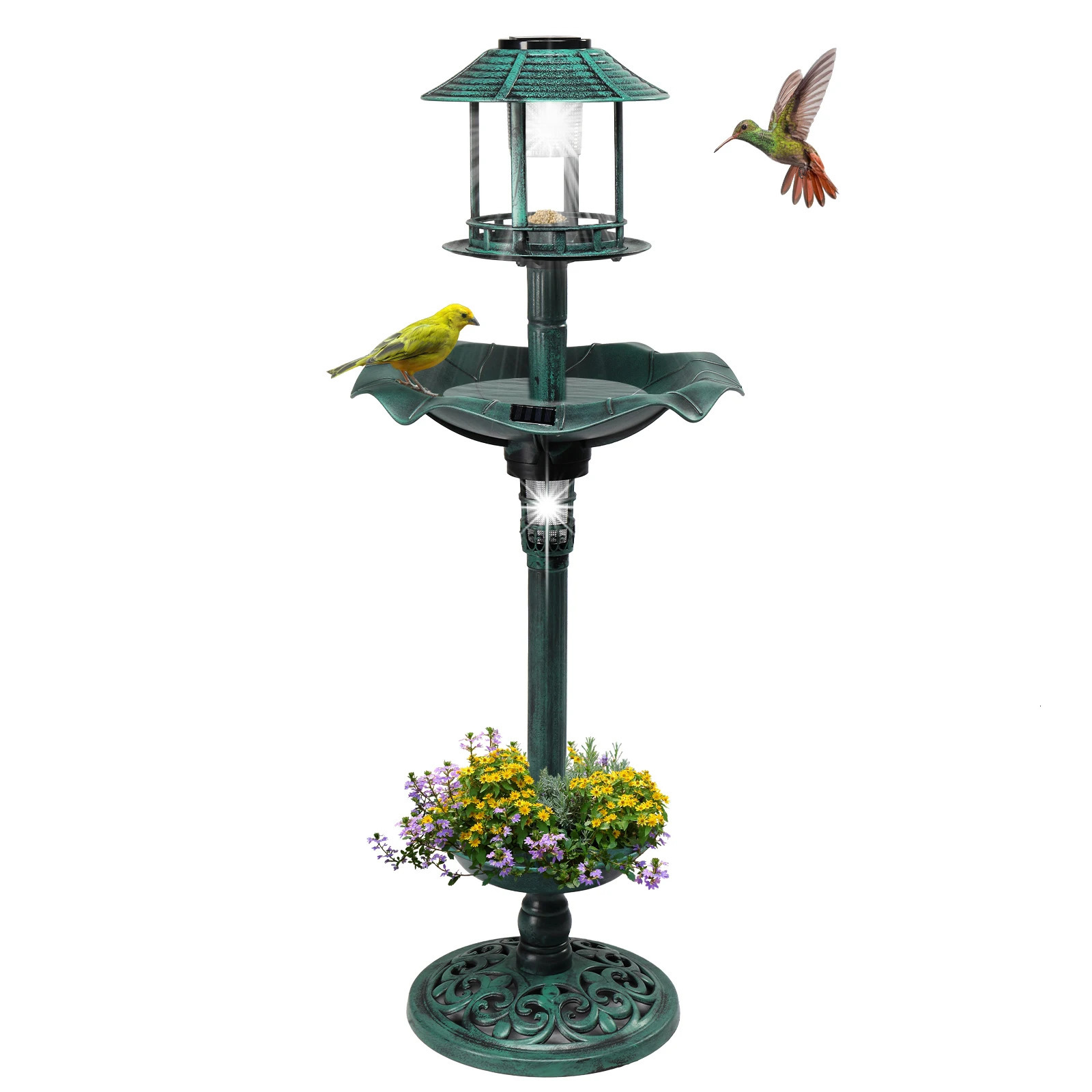 Outdoor solar light base bird bath resin fountain decoration with plants and feeder 250320