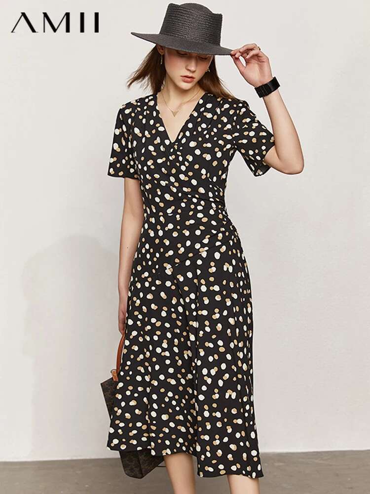 Amii Minimalism Summer New For Women Fashion Dot Printed Vneck Slim Fit Midi Ae Chiffon White Dress Vestidos 12140471