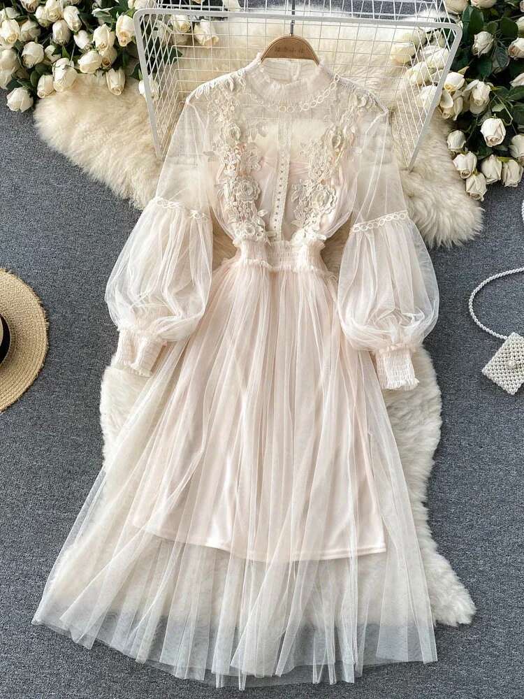 Ladies Dress Three-Dimensional Wer Hook Mesh Temperament Stand Collar Lantern Sleeve High Waist Slim Female Dresses