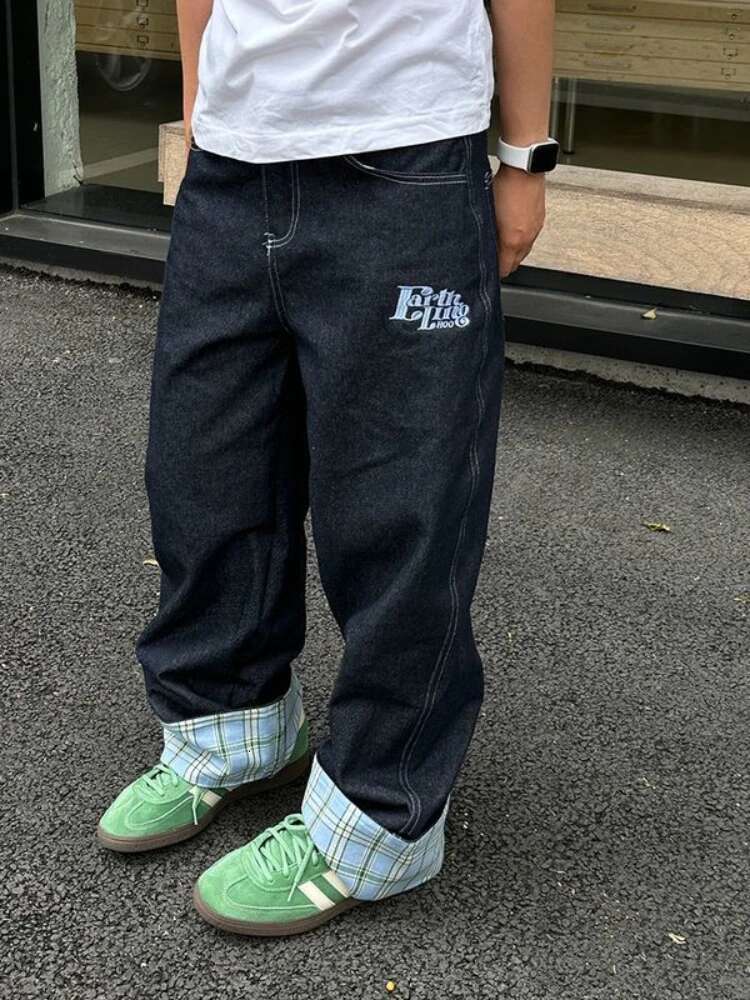 American Retro Plaid Patchwork Rolled Edge Jeans High Street Haruku Loose Wide Straight Leg Men And Women Pants