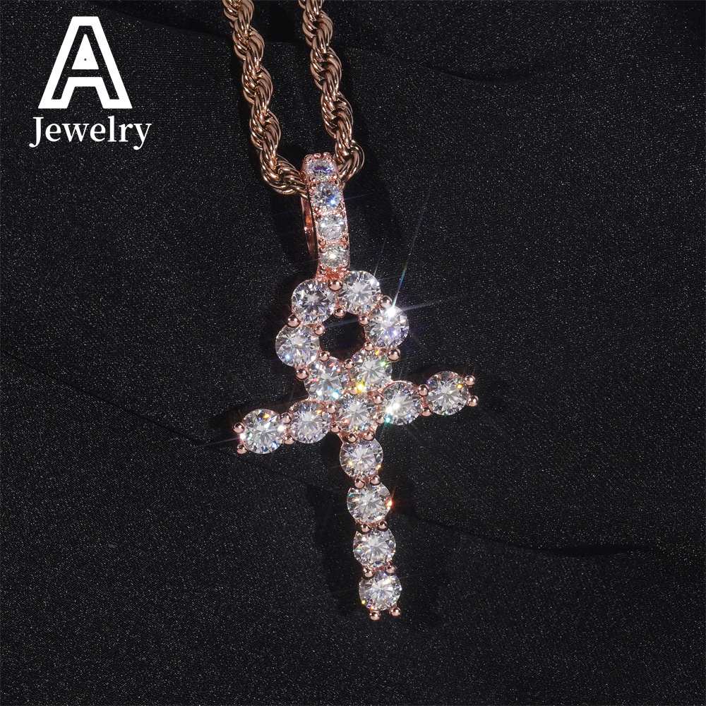 Iced out hip hop jewelry 925 silver vvs moissanite cross pendant men women 4mm circled cross charm pendants with rope chain