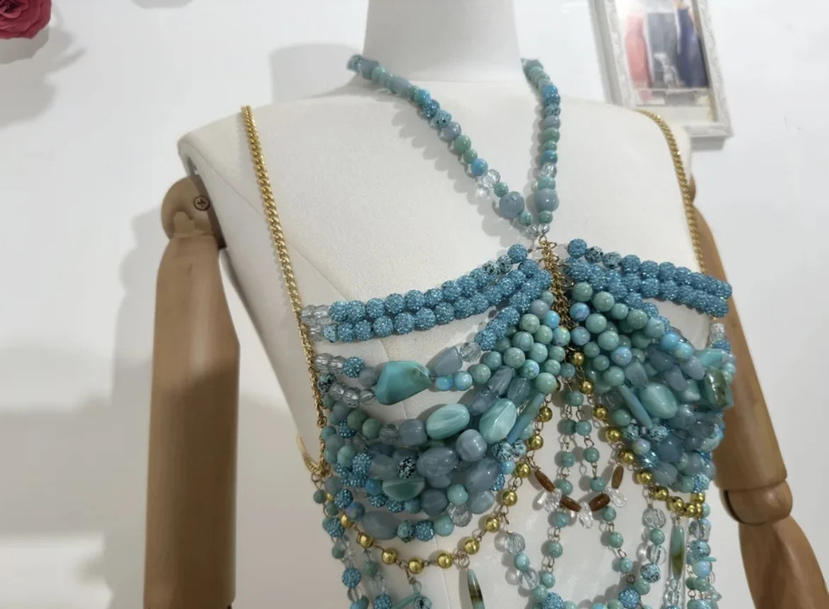 sexy womens handmade sparkling turquoise beads body chain hollow bikini bra top holiday beachwear underwear 250324