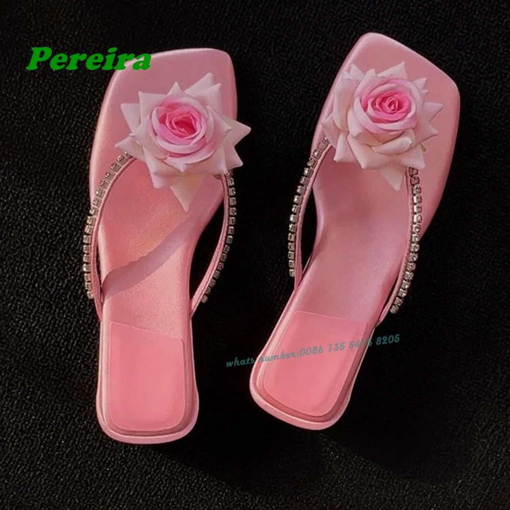 Flower Pink Satin Slippers Square Toe Crystal Chunky Heels Womens Slippers Summer est Flip Flops Cute Shoes 250322