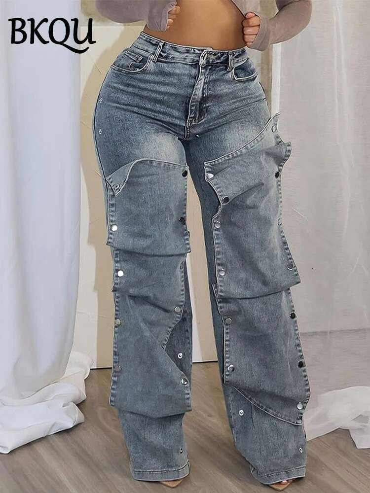 BKQU Fashion Straight Jeans Women's Detachable Button Decoration Denim Wide Leg Pants High Waist Y2k Hipster Streetwear Bottoms