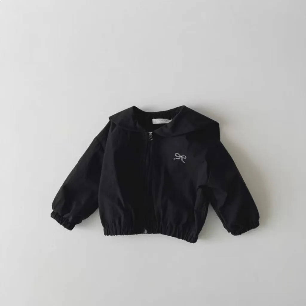 Spring Baby Girl Cute Bow Coat Baby Navy Blue Collar Jacket Childrens Zipper Jacket Fashion Baby Coat Childrens Clothing 250324