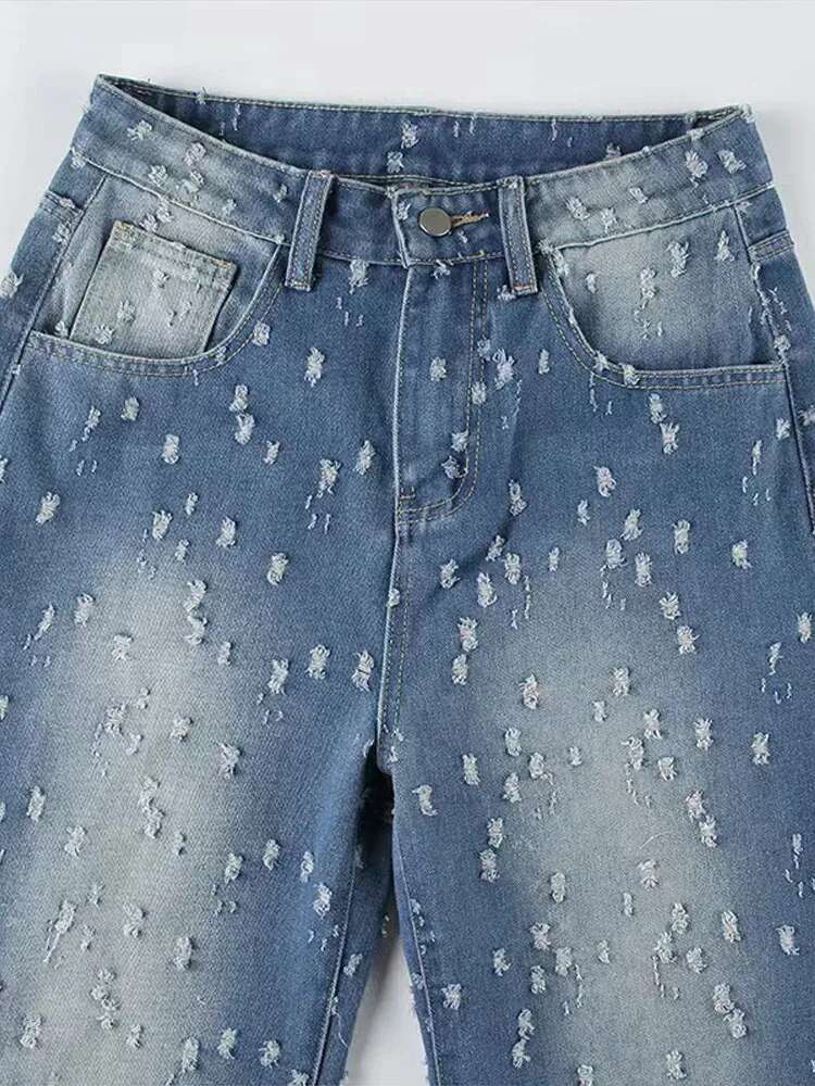 Denim Tassels Gradient Pants Women Wide Leg High Waist Straight Street Chic Jeans Female 2025 Spring Fashion Pocket Lady Trouser