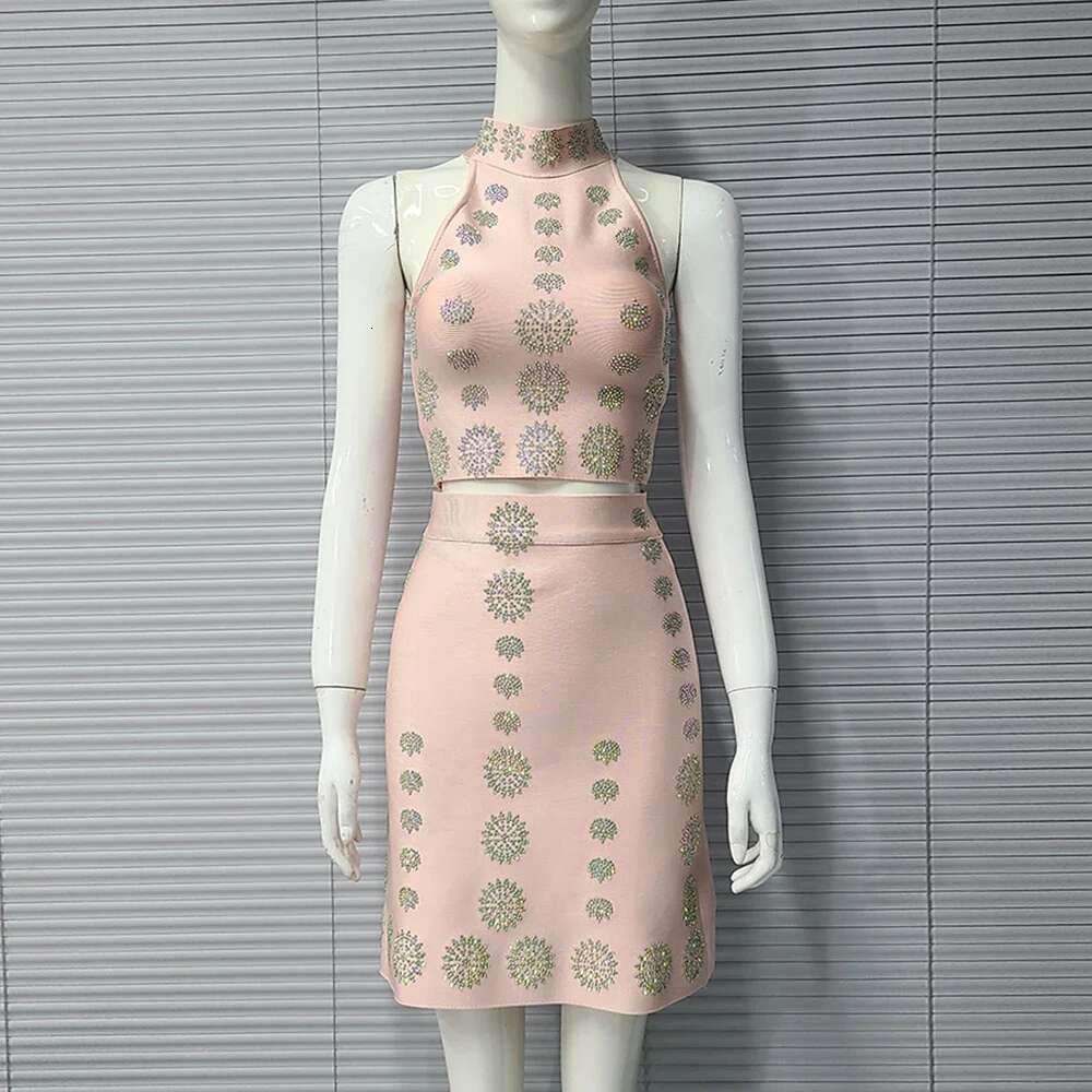 Summer Women's High Quality Fashion Sexy Dia Sleeveless Short Top+Dress Black Bandage Two Piece Set