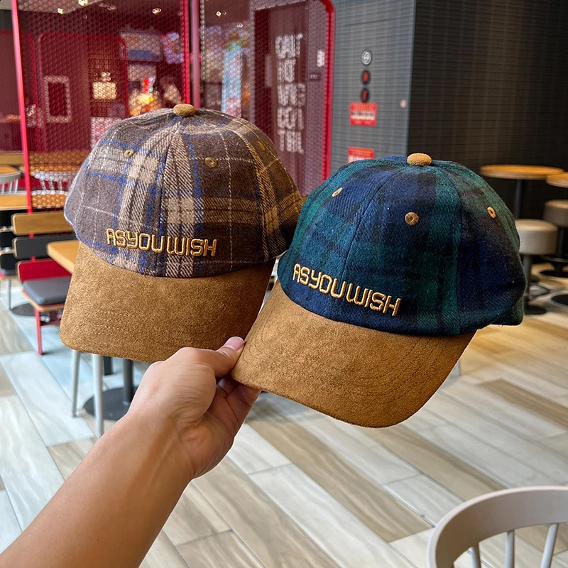 Hat Autumn and Winter Woolen Plaid Colorblock Peaked Cap Baseball Caps for Men and Women Color Hip Hop Hat Curved Brim Soft Cap 250321
