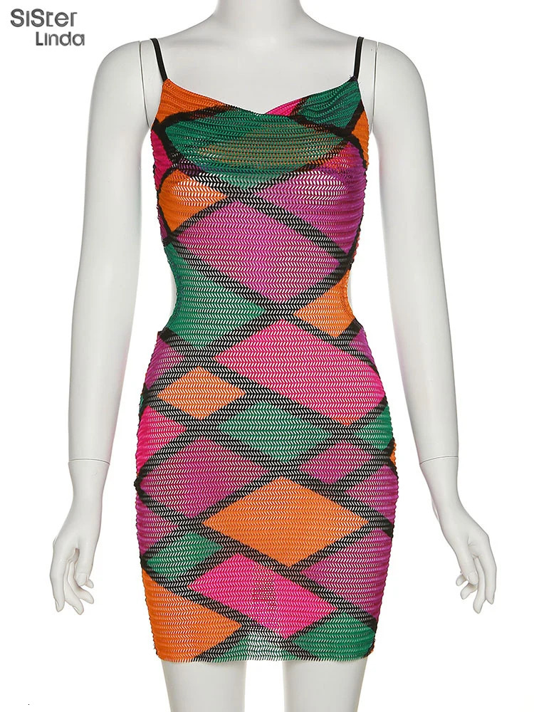 Sisterlinda Colorful Print Women Beach Vacation Dresses Sleeveless Backless Bodycon Midnight Clubwear Female Outfits Streetwear 250324