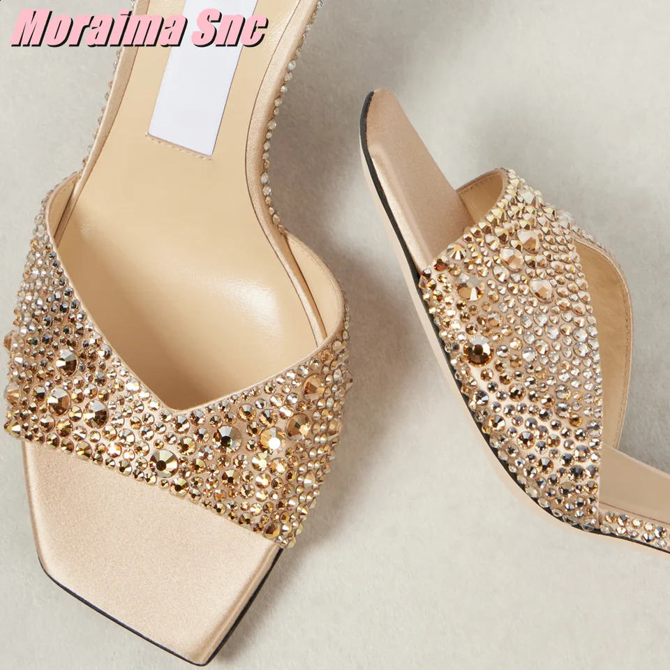 Crystal-embellished Satin Mules Square Toe Stiletto High Heel Slip On Sexy Fashion Womens Summer Slides Shoes Outdoor 250322