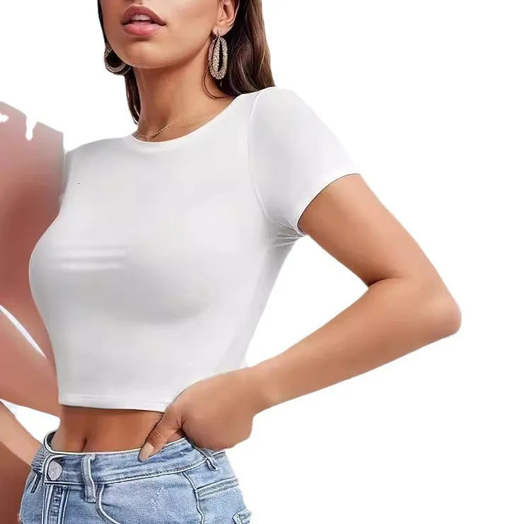 Womens crop top exposed white Tshirt spicy girl summer floral womens thin cut round neck milk silk short sleeved shirt 250324