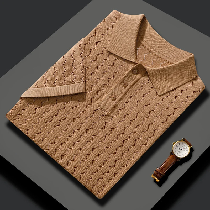 MVLYFLRT Mens Tshirt Top Mulberry Silk Breathable Knitted POLO Shirt Business Casual Collar Hollow Short Sleeve Summer Thin 250312