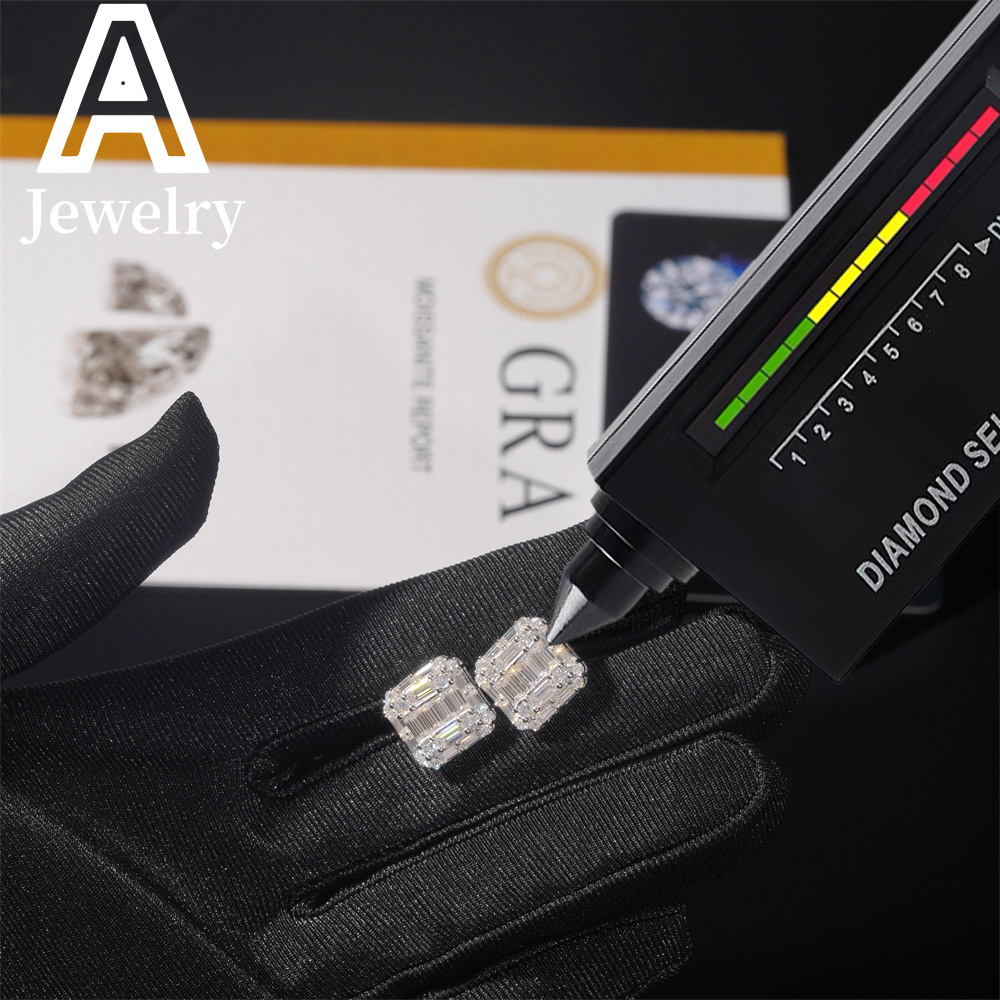 Fine jewelry Hip Hop Baguette Moissanite Square Shape s925 Silver Mens VVS Moissanite Stud Earrings