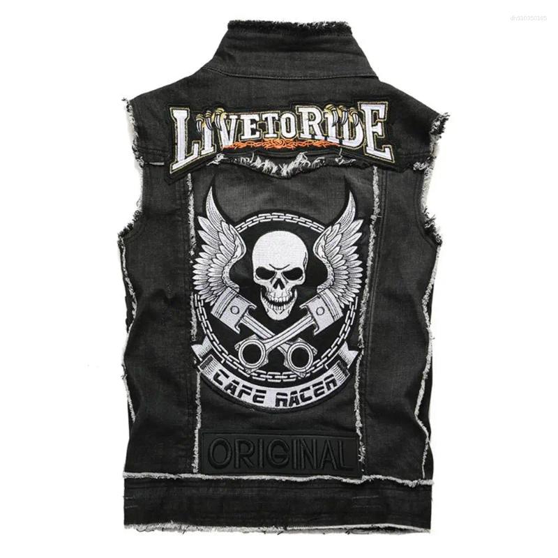 Men's Vests Stylemen's Denim Waistcoat Sleeveless Vestautumn Punk Vest Patch Embroidery Ing Skull Nailed Black Motorcy