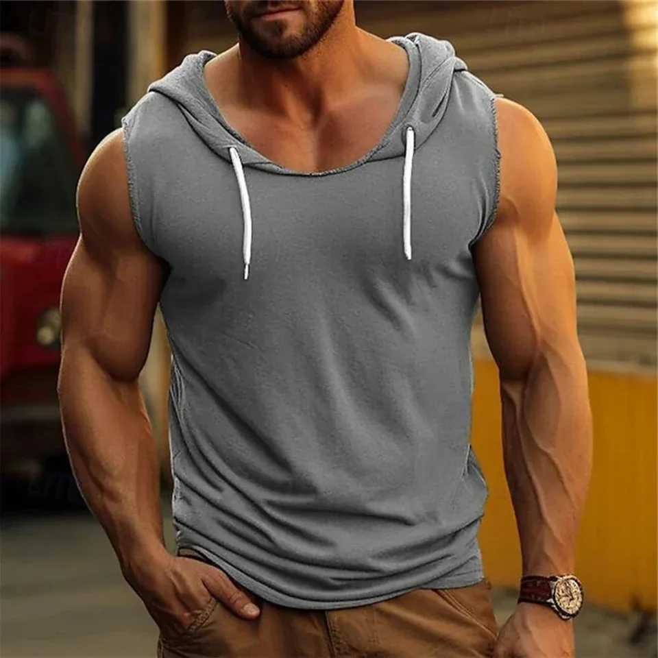Flat weave mens fitness vest hooded sweatshirt fitness sleeveless hooded sweatshirt tailored sportswear single body bodybuilding striped muscle vest X
