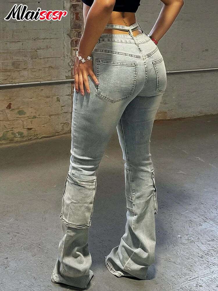 Mlaiscsr Vintage Stretch Denim Pants Women Buttons Pocket Patchwork High Waist Cargo Jeans Autumn Winter Bottoms Y2k Streetwear