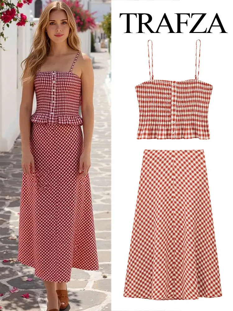 TRAFZA Summer Womens Red Checkered Long Leather 2-piece Suspension Womens Ultra Thin Leisure Resort Beach Clothing Y2K 250320