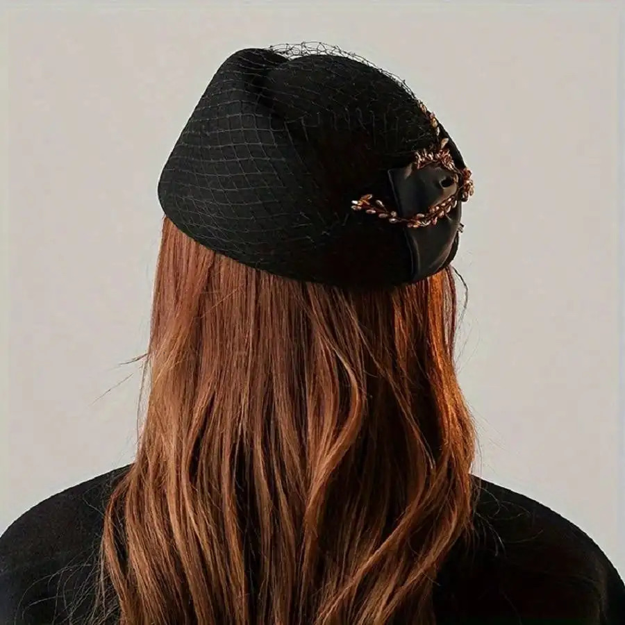 Womens temperament mesh top hat wool felt hat British retro hat fashionable bow beret hat 250322