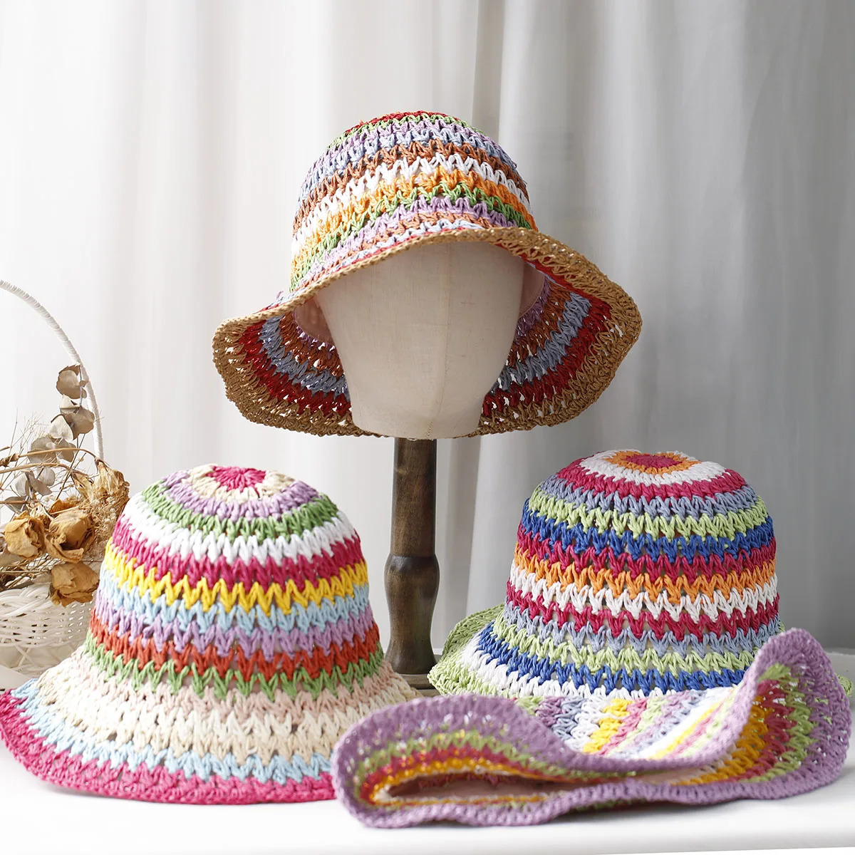 Rainbow woven womens sunscreen hat summer Japanese straw hat protective fashion breathable hollow beach sun hat 250320