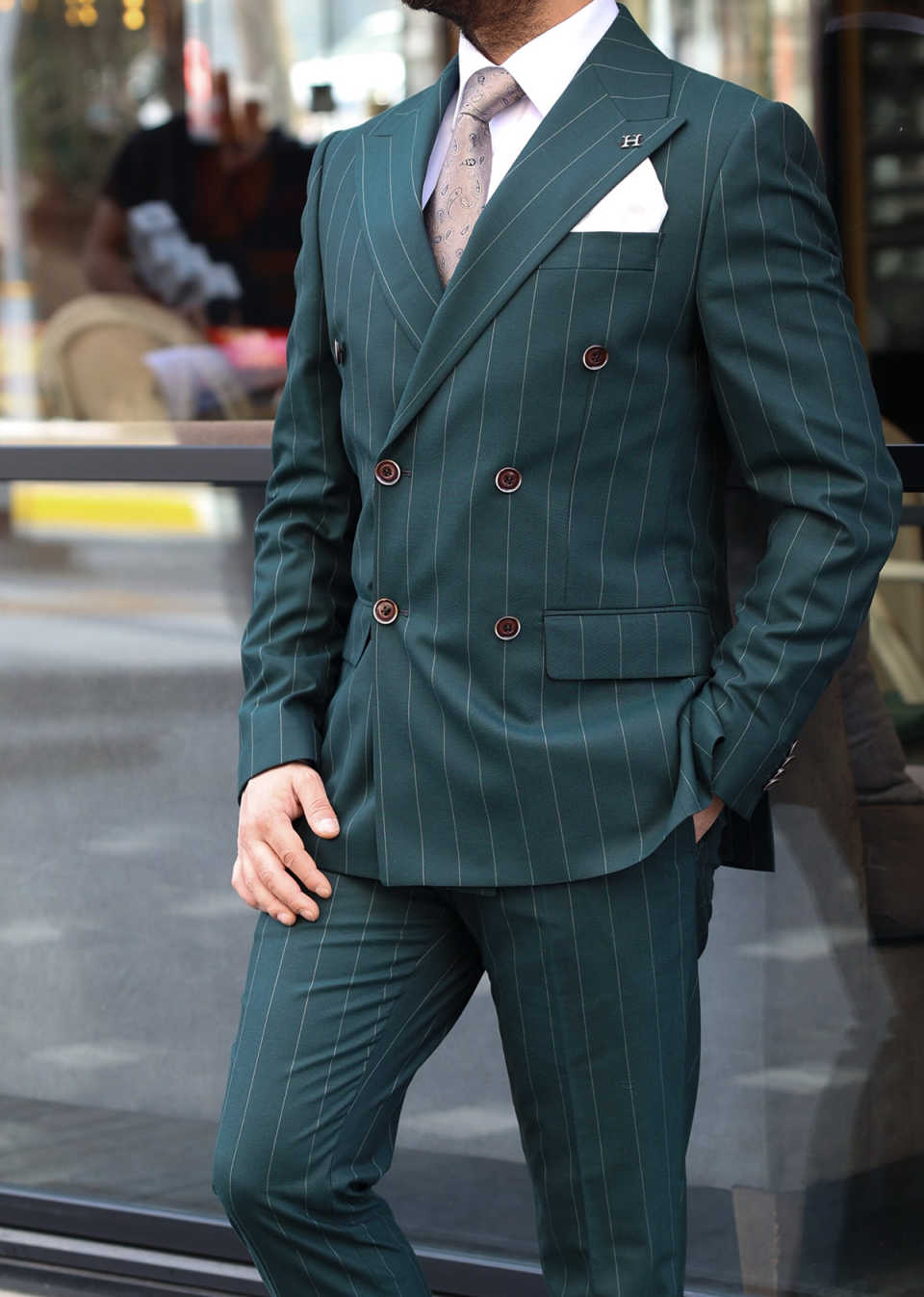 New Designer Men Suits Set 2 Pieces Blazer+Pant Trousers With Pinstripe Peaked Lapel Customized Groom Wedding Tuxedo Formal Office Prom Jacket(Coat+Pa