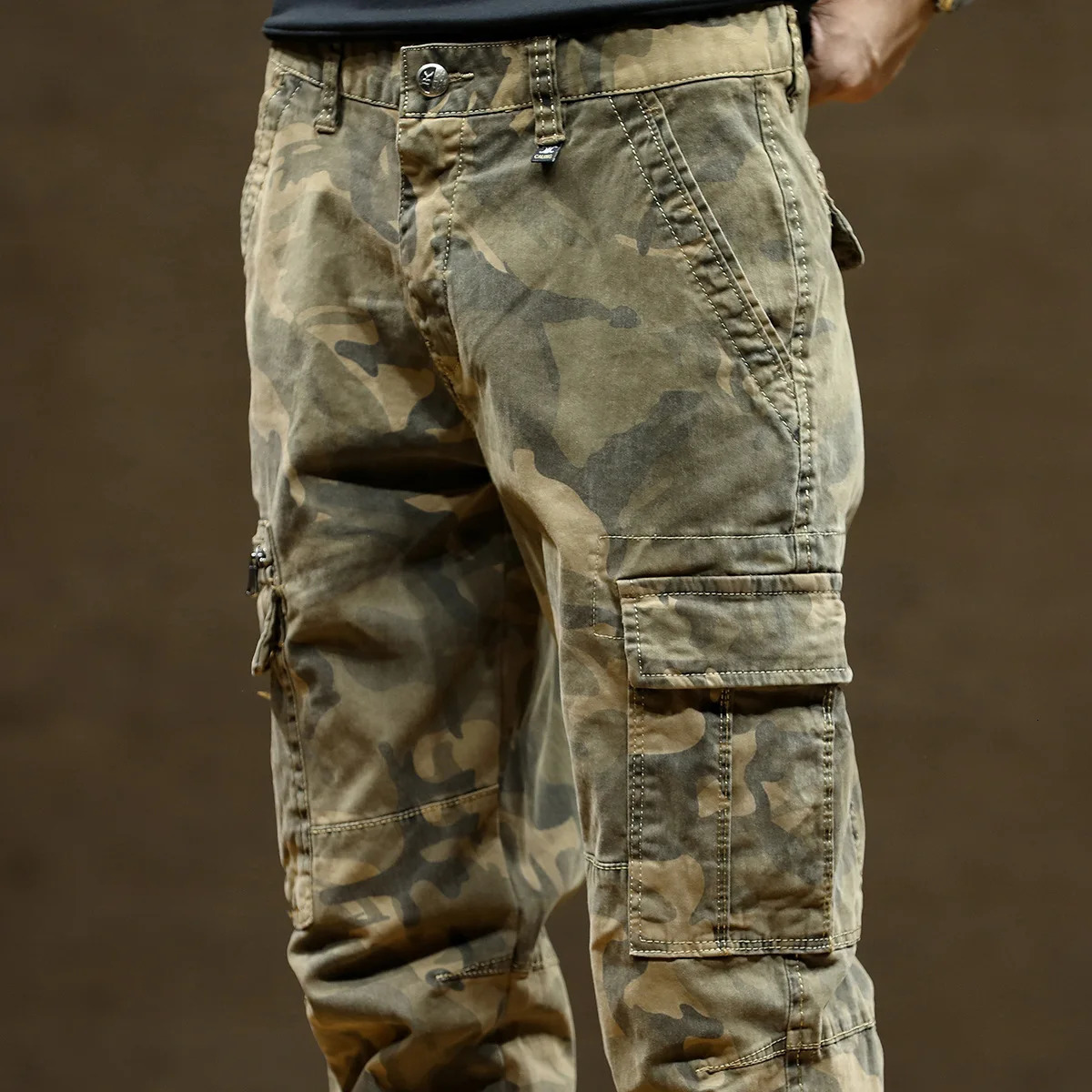 Ankle Length Mens Cargo Pant Cotton Stretch Casual Camouflage Trouser Male Camo Cuff Jogger Multi Zip Pocket Outfit Zipper Tied 250322