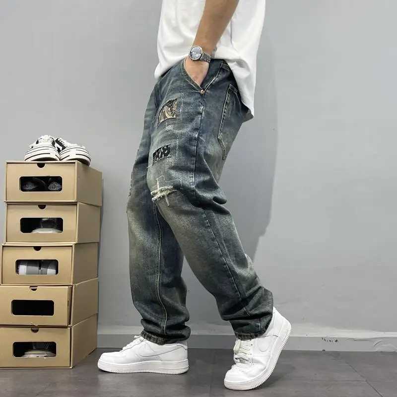 Men's Pants Laundry retro patched work jeans with patches mens loose straight leg pants street trend z250325