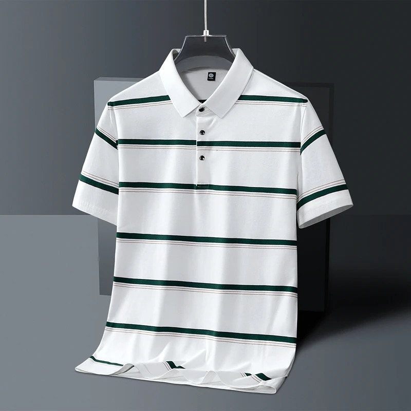Summer mens polo shirt pure cotton short sleeved Tshirt thin striped business casual breathable pleated top 250311