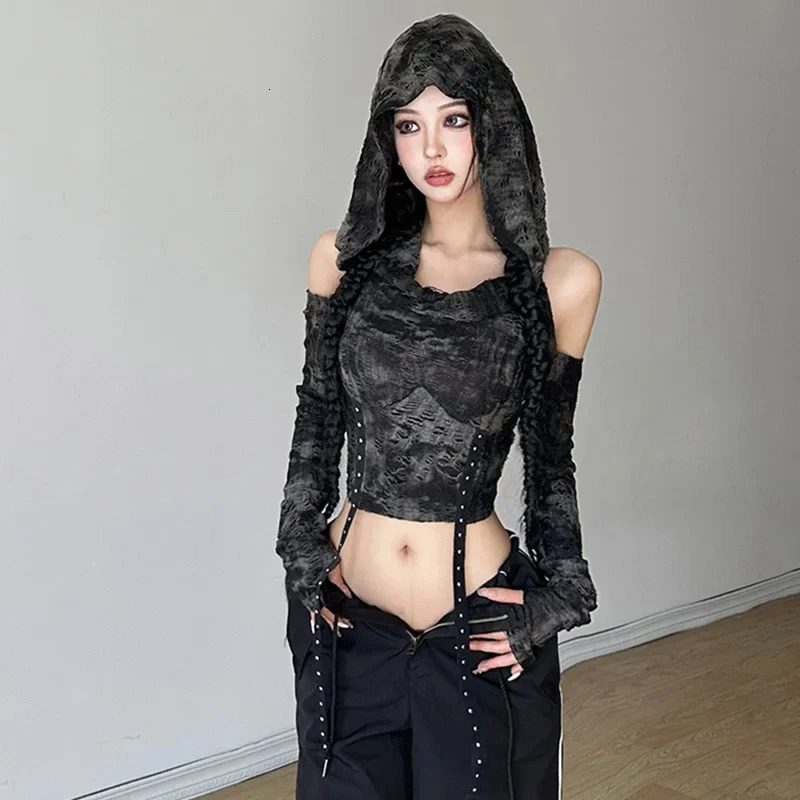 High-waisted Slimming Womens T-shirt Hooded Off-the-shoulder Long Sleeves Handmade Deconstructed Fashion Top Short Top 250317