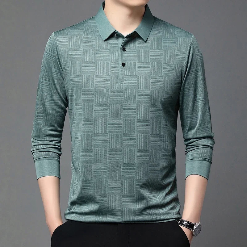 Mens business casual long sleeved solid color polo shirt fashionable breathable and comfortable Versatile top 250411
