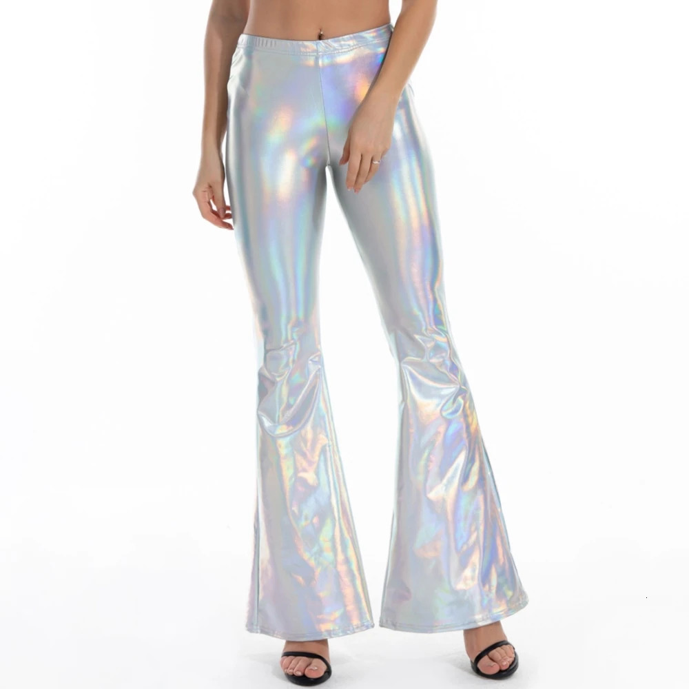 Sexy PU Leather Metal Pants Shining Holographic Flare Bodycon Elastic Waist Bell Bottom Trouser Clubwear 250324