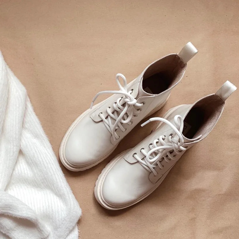 BeauToday Ankle Boot Genuine Cow Leather LaceUp Round Toe Lady Booties Autumn Winter Platform Sole Shoes Handmade 03429 250317