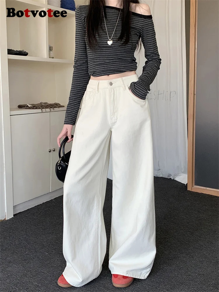 Botvotee Milk White Baggy Jeans SpringSummer 2025 Korean Fashion Leather Cover Y2k Loose Large High Waist 250324