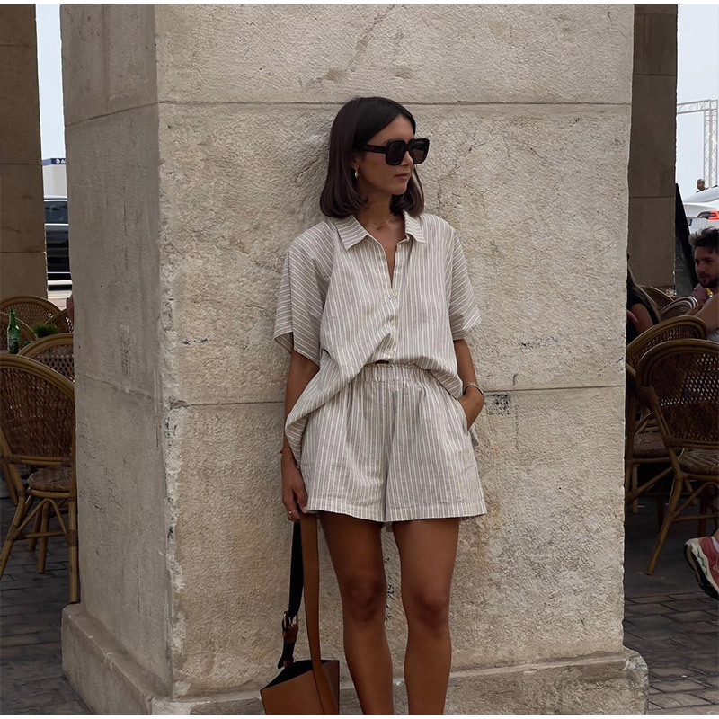 2025 Spring/Summer New Striped Shirt Shorts Set Fashionable, Comfortable, Casual, Loose and Versatile
