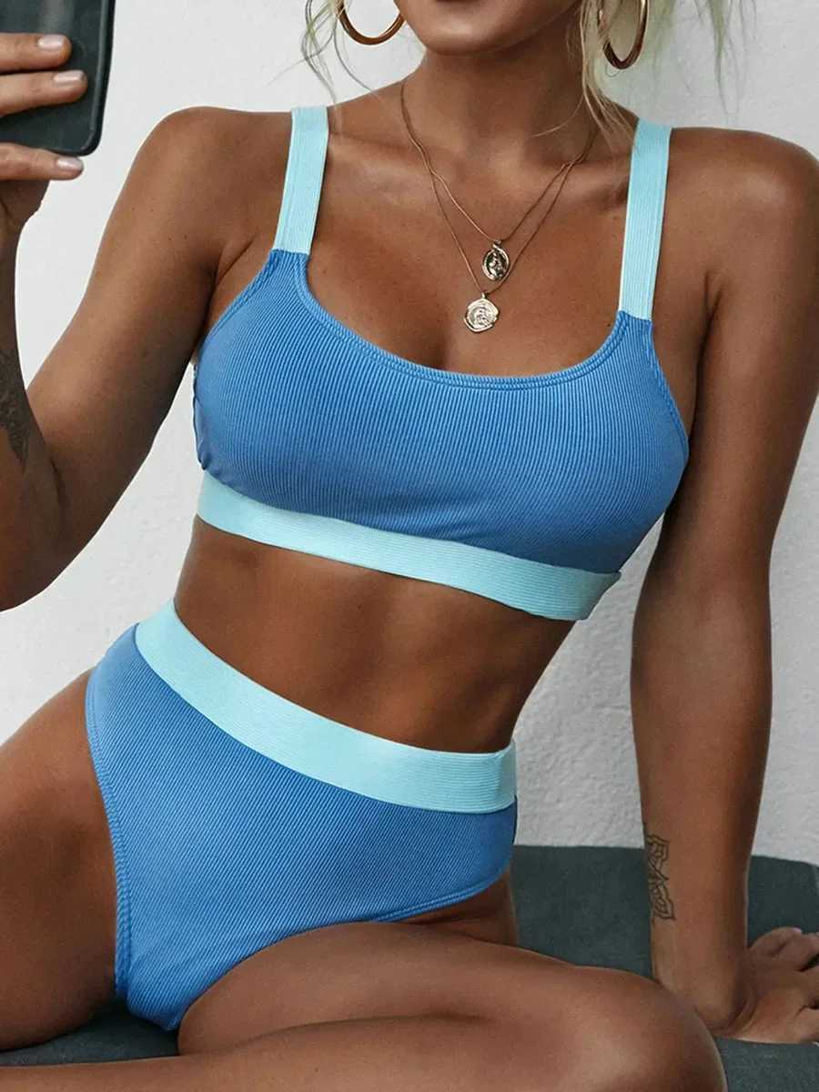 Sexy Splicing Rib Bikini High Waist Bikini 2025 Fa Swimsuit Womens Swimsuit Two Piece Bikini Set SwimsuitXJ250324