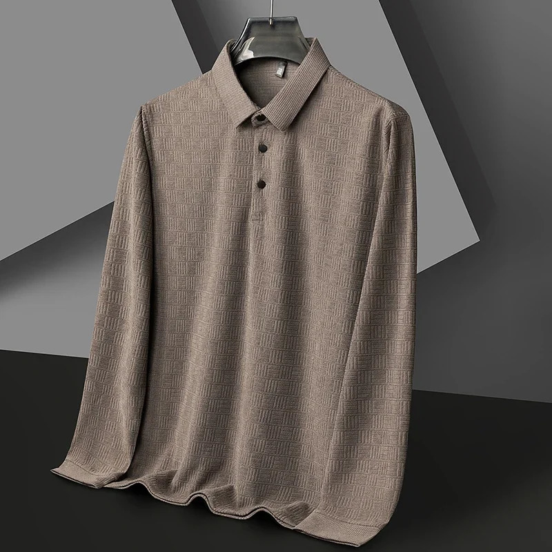 Mens Business Casual Long Sleeved Shirt Solid Color Polo Fashionable Breathable Comfortable Versatile Top 250311